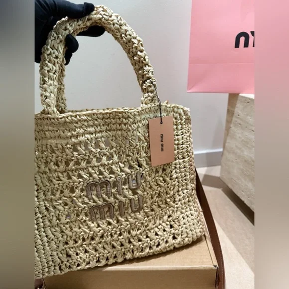 Miu Miu Straw Tote Bag Large Shoulder Bag 31x27cm - Picture 4 of 9
